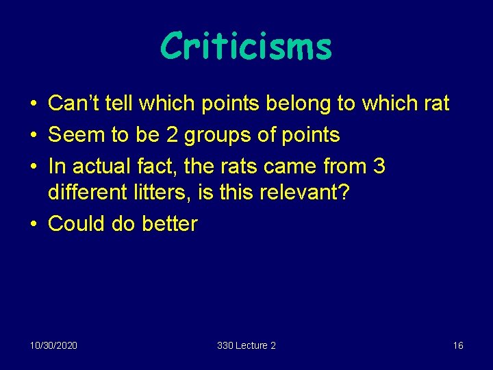 Criticisms • Can’t tell which points belong to which rat • Seem to be