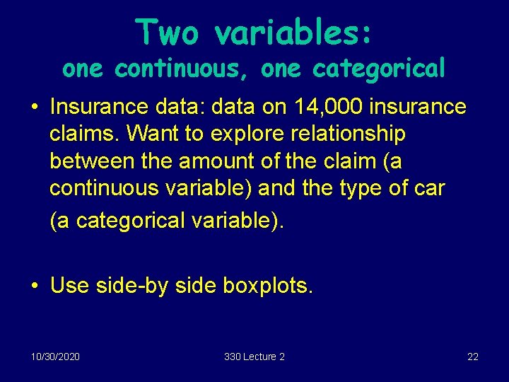 Two variables: one continuous, one categorical • Insurance data: data on 14, 000 insurance