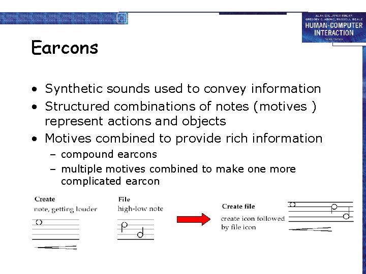 Earcons • Synthetic sounds used to convey information • Structured combinations of notes (motives