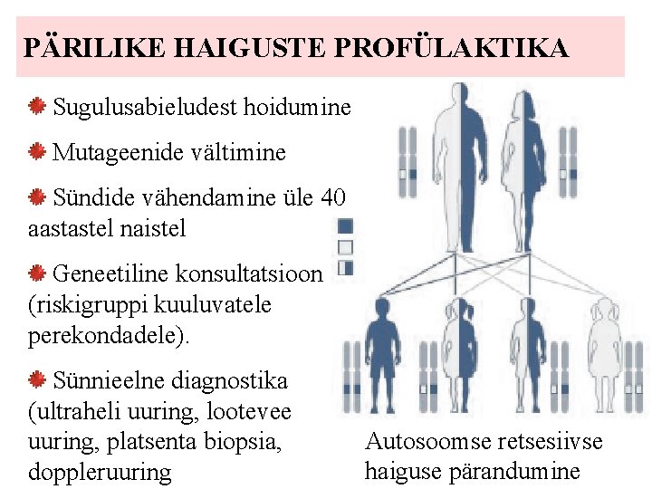 PÄRILIKE HAIGUSTE PROFÜLAKTIKA Sugulusabieludest hoidumine Mutageenide vältimine Sündide vähendamine üle 40 aastastel naistel Geneetiline