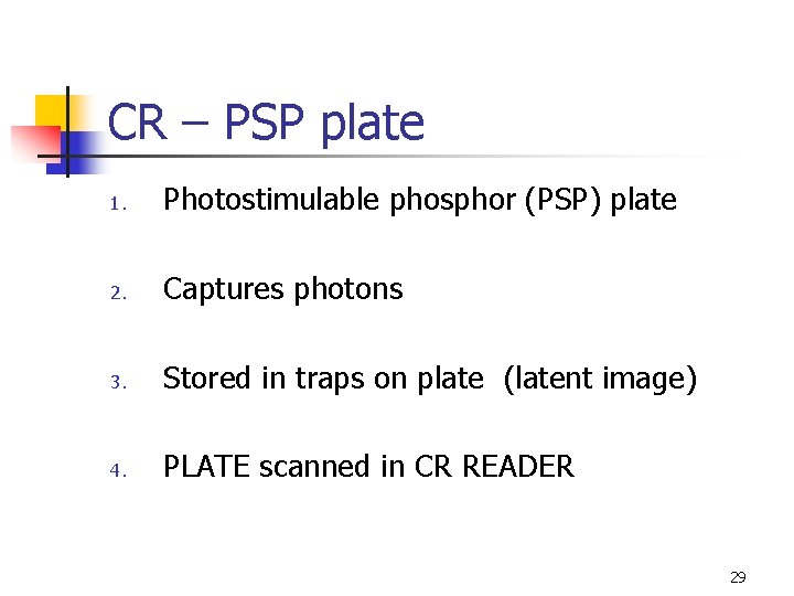 CR – PSP plate 1. Photostimulable phosphor (PSP) plate 2. Captures photons 3. Stored