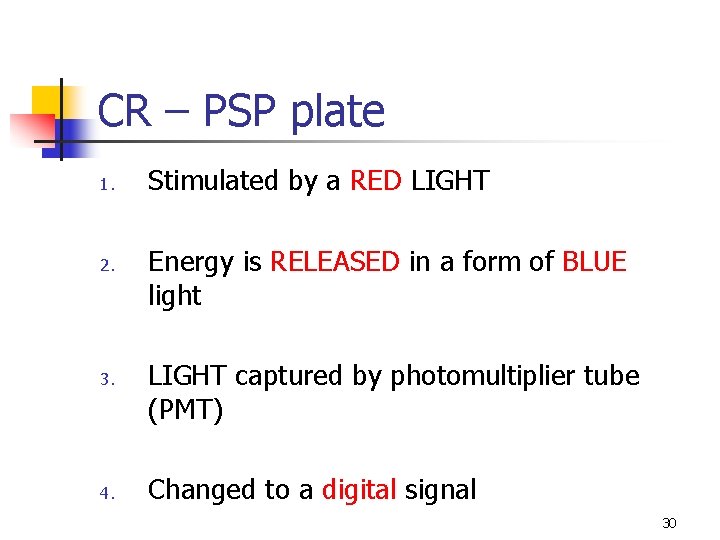 CR – PSP plate 1. 2. 3. 4. Stimulated by a RED LIGHT Energy