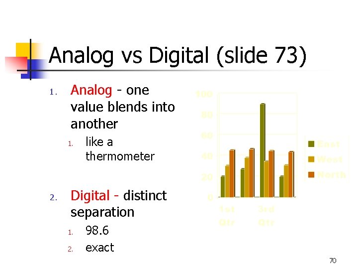 Analog vs Digital (slide 73) 1. Analog - one value blends into another 1.