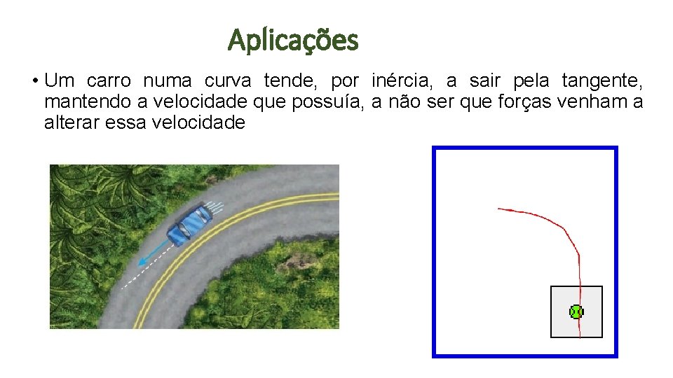 Aplicações • Um carro numa curva tende, por inércia, a sair pela tangente, mantendo