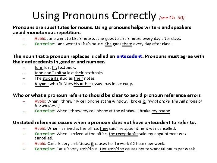 Using Pronouns Correctly (see Ch. 30) Pronouns are substitutes for nouns. Using pronouns helps Using Pronouns Correctly (see Ch. 30) Pronouns are substitutes for nouns. Using pronouns helps