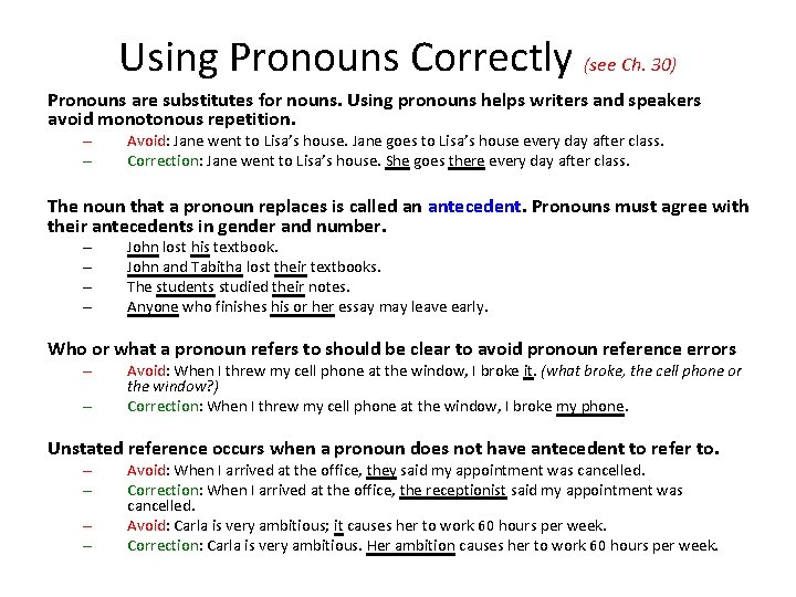 Using Pronouns Correctly (see Ch. 30) Pronouns are substitutes for nouns. Using pronouns helps