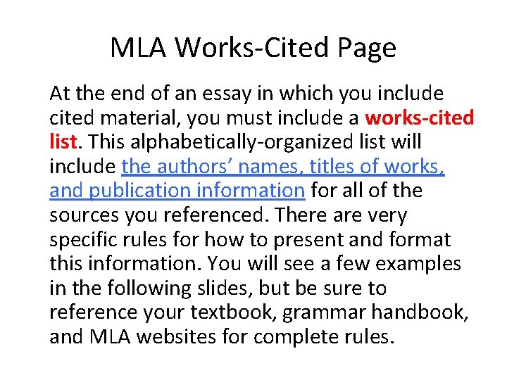 MLA Works-Cited Page At the end of an essay in which you include cited MLA Works-Cited Page At the end of an essay in which you include cited
