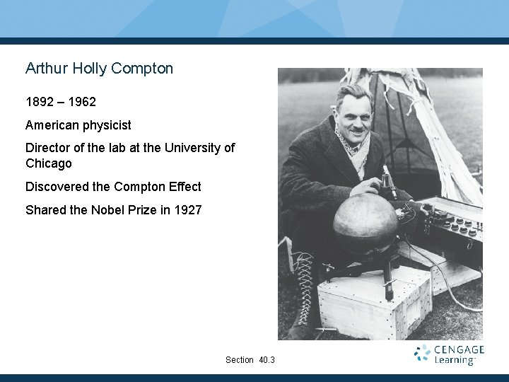 Arthur Holly Compton 1892 – 1962 American physicist Director of the lab at the