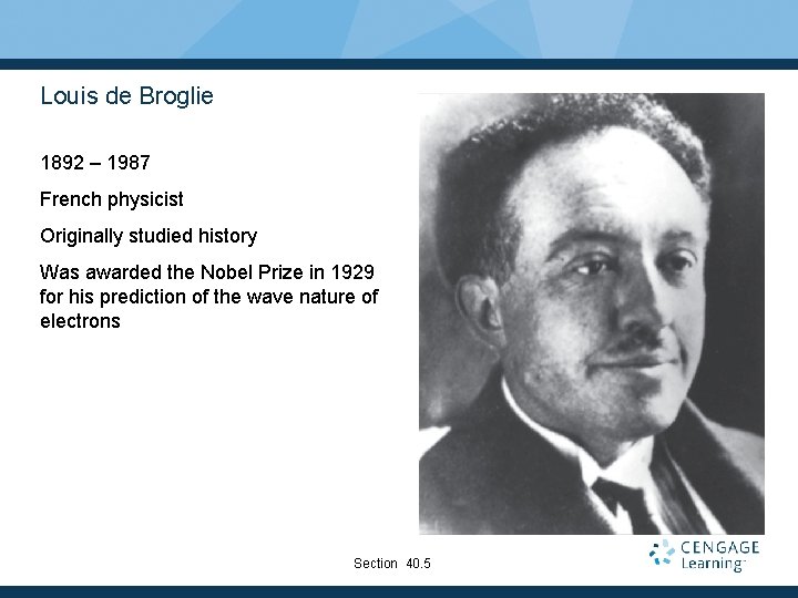 Louis de Broglie 1892 – 1987 French physicist Originally studied history Was awarded the