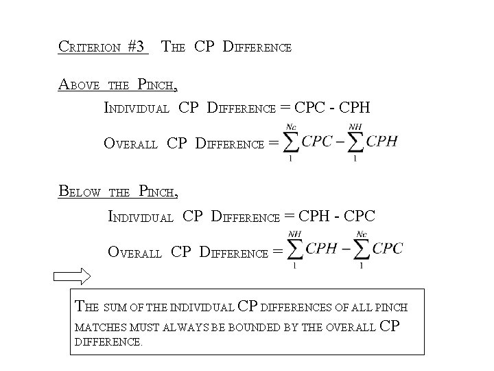 CRITERION #3 ABOVE THE CP DIFFERENCE PINCH, INDIVIDUAL CP DIFFERENCE = CPC - CPH
