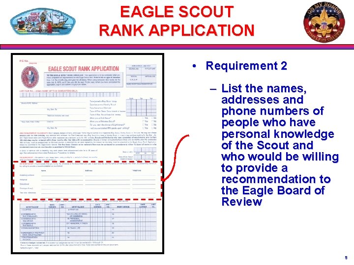 EAGLE SCOUT RANK APPLICATION • Requirement 2 – List the names, addresses and phone