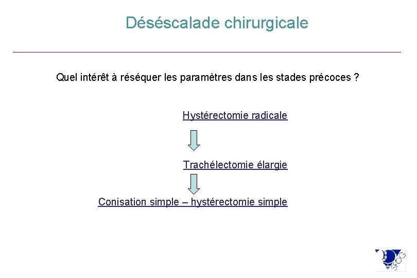 Déséscalade chirurgicale Quel intérêt à réséquer les paramètres dans les stades précoces ? Hystérectomie