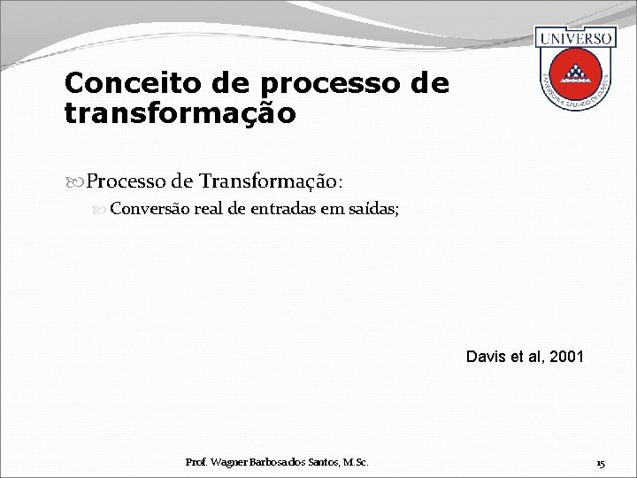 Conceito de processo de transformação Processo de Transformação: Conversão real de entradas em saídas;