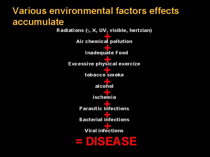 Various environmental factors effects accumulate Radiations ( , X, UV, visible, hertzian) + +