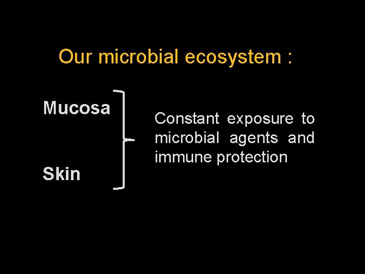 Our microbial ecosystem : Mucosa Skin Constant exposure to microbial agents and immune protection