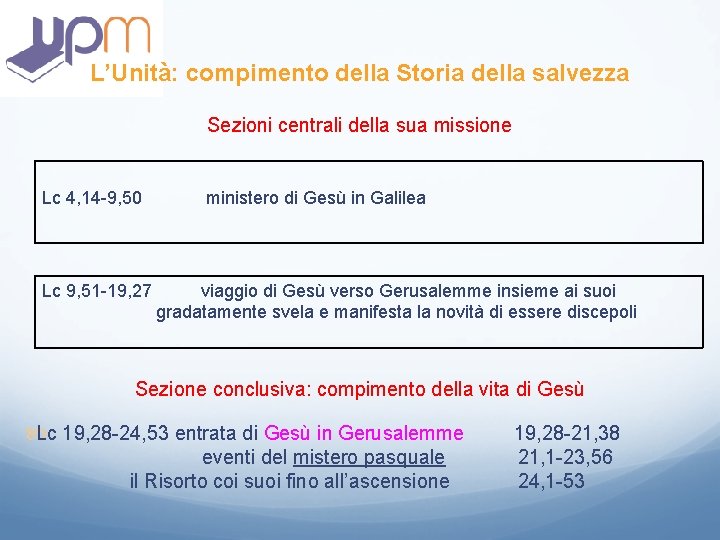 L’Unità: compimento della Storia della salvezza Sezioni centrali della sua missione Lc 4, 14 L’Unità: compimento della Storia della salvezza Sezioni centrali della sua missione Lc 4, 14