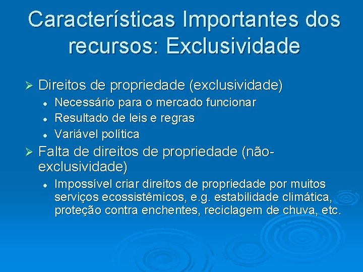 Características Importantes dos recursos: Exclusividade Ø Direitos de propriedade (exclusividade) l l l Ø