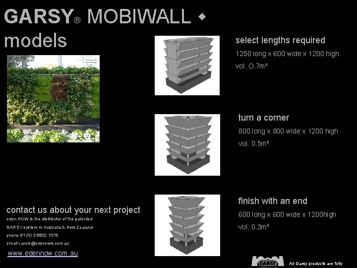 GARSY® MOBIWALL w models select lengths required 1250 long x 600 wide x 1200