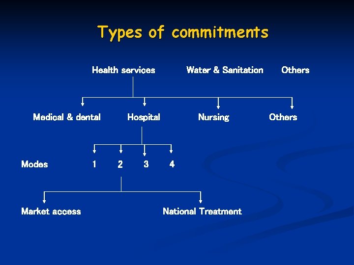 Types of commitments Health services Medical & dental Modes Market access 1 Water &