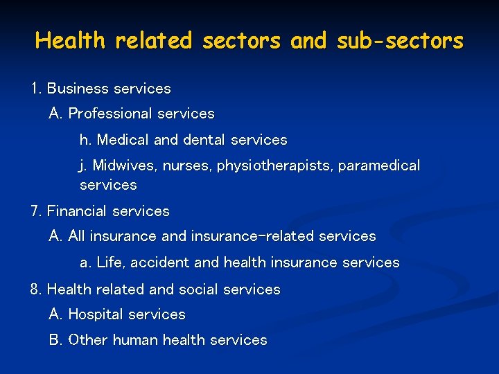 Health related sectors and sub-sectors 1. Business services A. Professional services h. Medical and