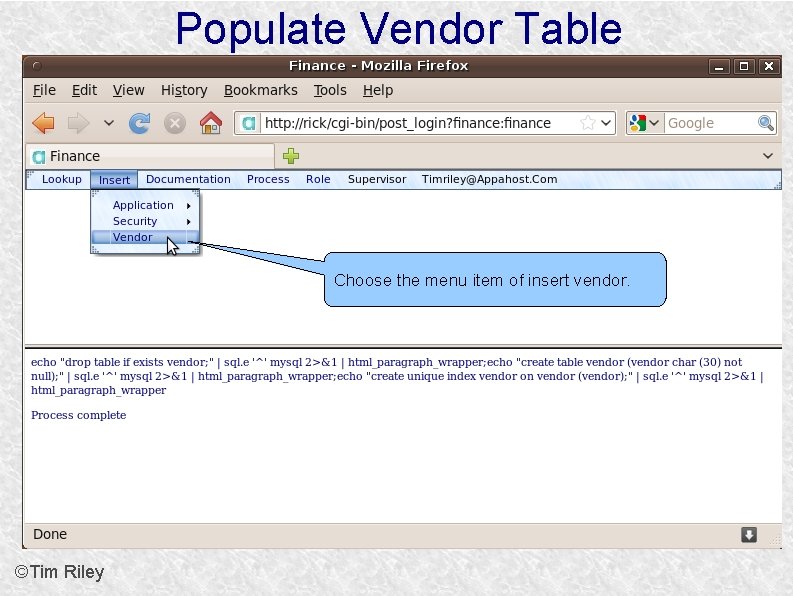 Populate Vendor Table Choose the menu item of insert vendor. ©Tim Riley 