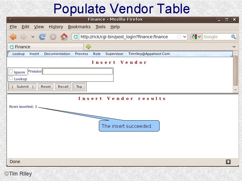 Populate Vendor Table The insert succeeded. ©Tim Riley 