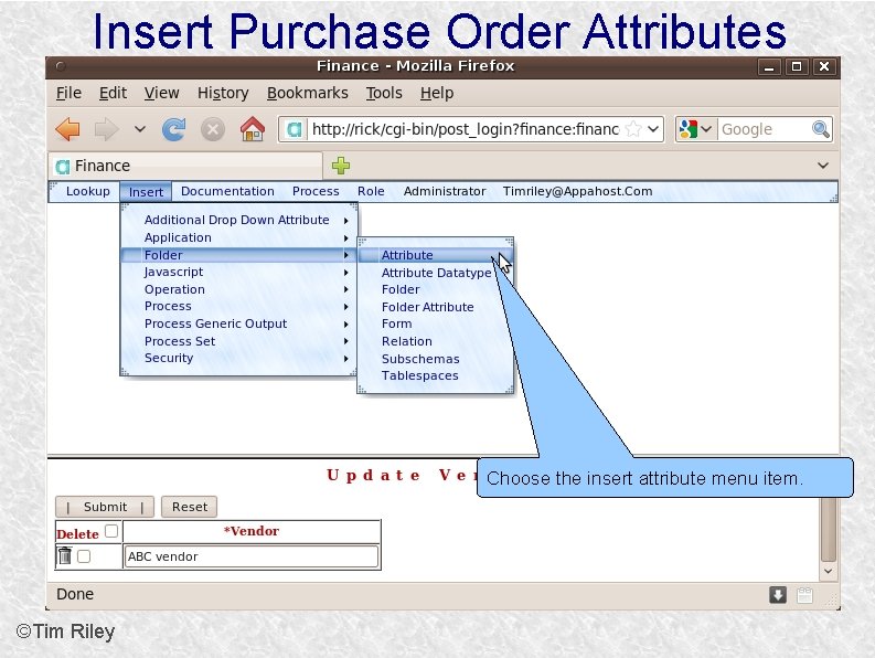 Insert Purchase Order Attributes Choose the insert attribute menu item. ©Tim Riley 