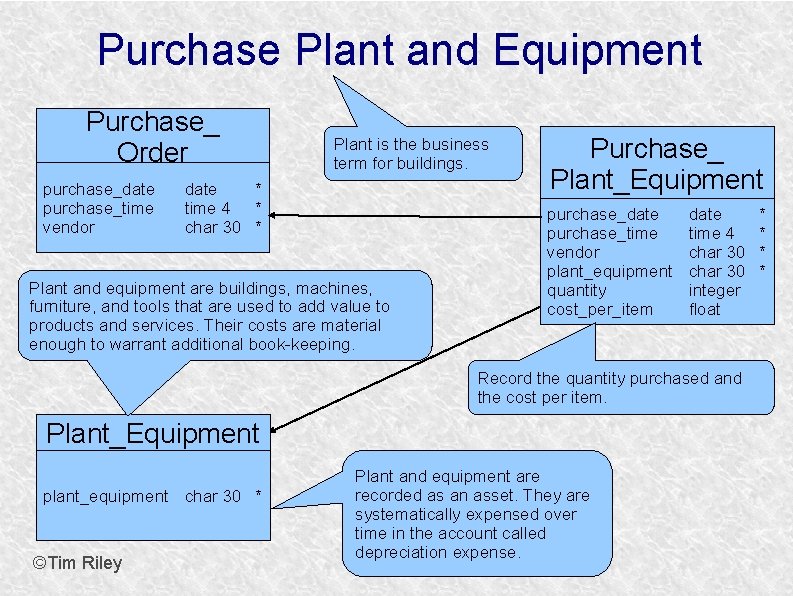 Purchase Plant and Equipment Purchase_ Order purchase_date purchase_time vendor Plant is the business term