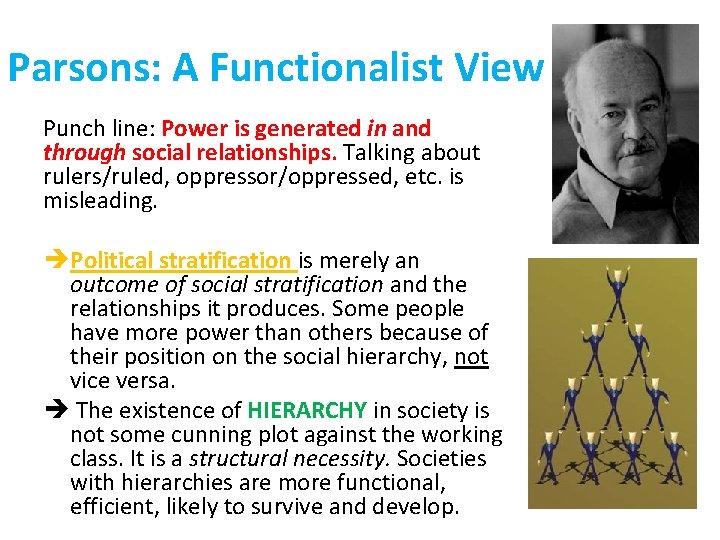 Parsons: A Functionalist View Punch line: Power is generated in and through social relationships.