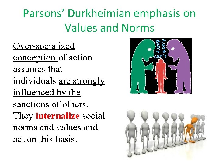 Parsons’ Durkheimian emphasis on Values and Norms Over-socialized conception of action assumes that individuals