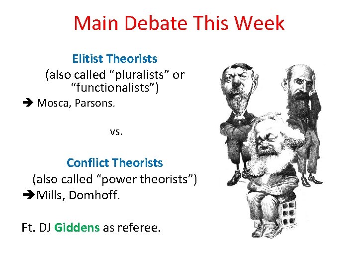 Main Debate This Week Elitist Theorists (also called “pluralists” or “functionalists”) Mosca, Parsons. vs.