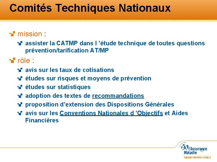 Comités Techniques Nationaux mission : assister la CATMP dans l ’étude technique de toutes