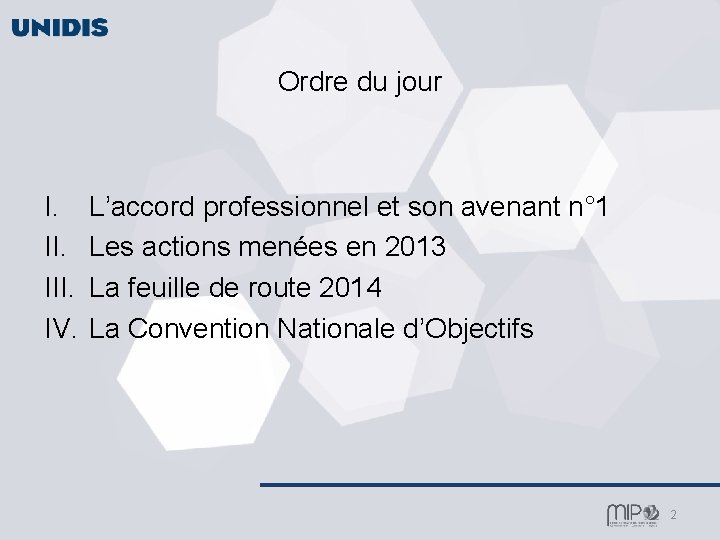 Ordre du jour I. III. IV. L’accord professionnel et son avenant n° 1 Les