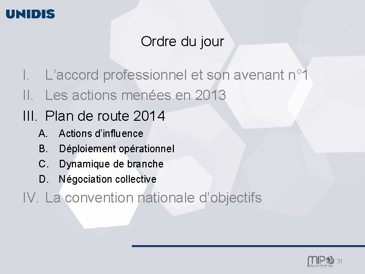 Ordre du jour I. L’accord professionnel et son avenant n° 1 II. Les actions