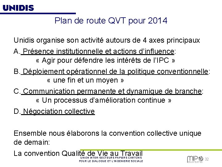 Plan de route QVT pour 2014 Unidis organise son activité autours de 4 axes