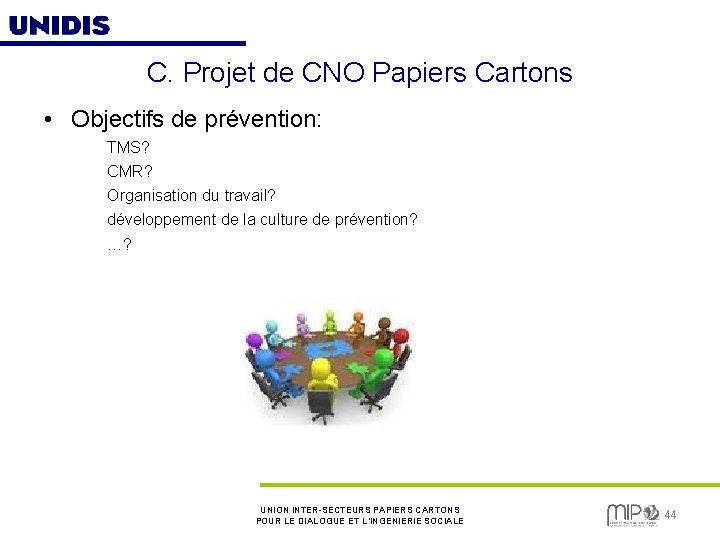 C. Projet de CNO Papiers Cartons • Objectifs de prévention: TMS? CMR? Organisation du