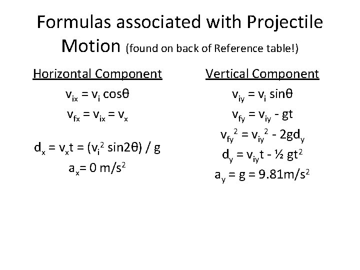 Formulas associated with Projectile Motion (found on back of Reference table!) Horizontal Component vix