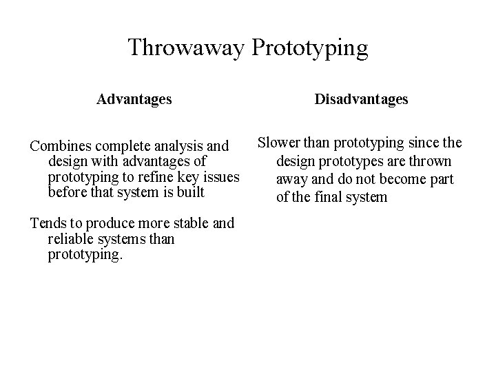 Throwaway Prototyping Advantages Disadvantages Combines complete analysis and design with advantages of prototyping to