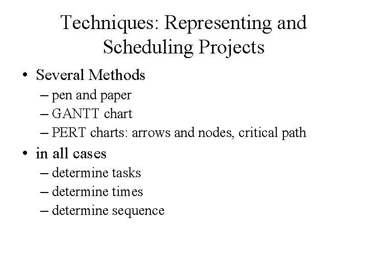 Techniques: Representing and Scheduling Projects • Several Methods – pen and paper – GANTT