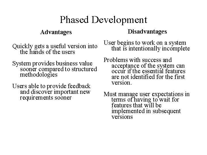 Phased Development Advantages Quickly gets a useful version into the hands of the users