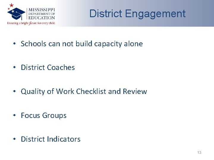 District Engagement • Schools can not build capacity alone • District Coaches • Quality