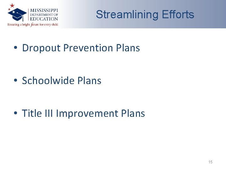Streamlining Efforts • Dropout Prevention Plans • Schoolwide Plans • Title III Improvement Plans