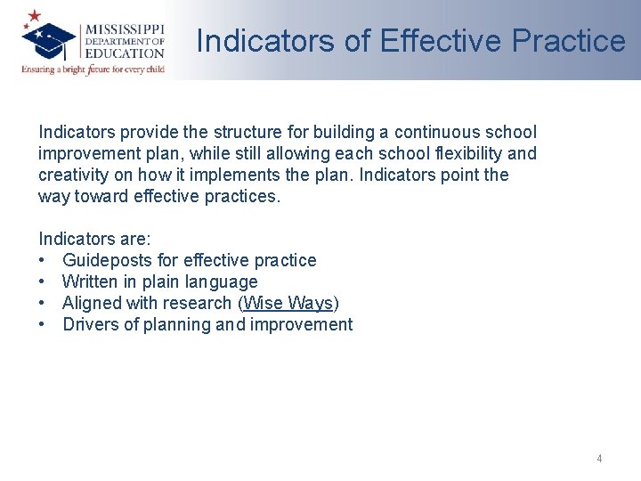 Indicators of Effective Practice Indicators provide the structure for building a continuous school improvement