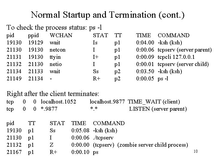 Normal Startup and Termination (cont. ) To check the process status: ps -l pid