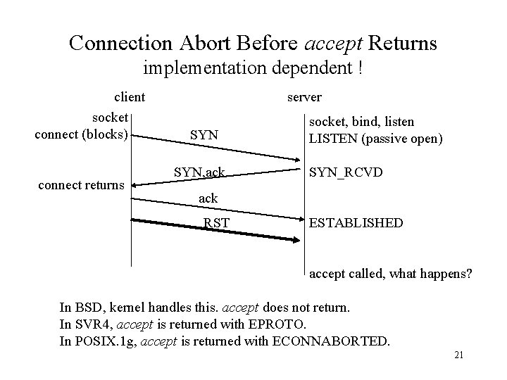 Connection Abort Before accept Returns implementation dependent ! client socket connect (blocks) connect returns