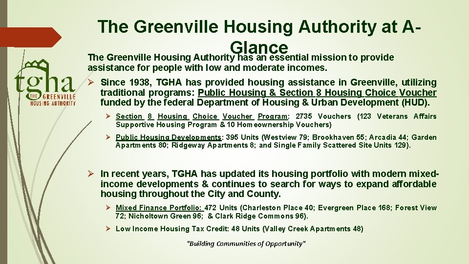 The Greenville Housing Authority at AGlance The Greenville Housing Authority has an essential mission The Greenville Housing Authority at AGlance The Greenville Housing Authority has an essential mission