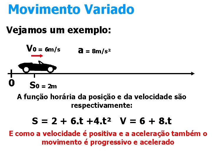 Movimento Variado Vejamos um exemplo: V 0 = 6 m/s a = 8 m/s²