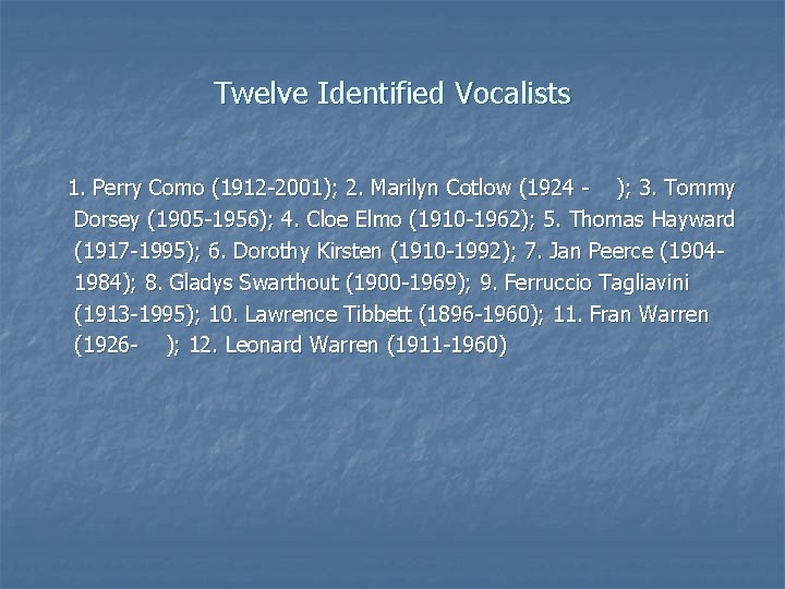 Twelve Identified Vocalists 1. Perry Como (1912 -2001); 2. Marilyn Cotlow (1924 - );