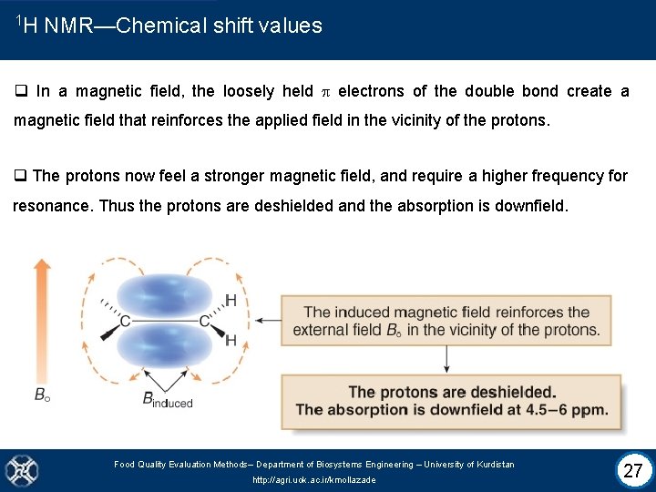 1 H NMR—Chemical shift values q In a magnetic field, the loosely held electrons