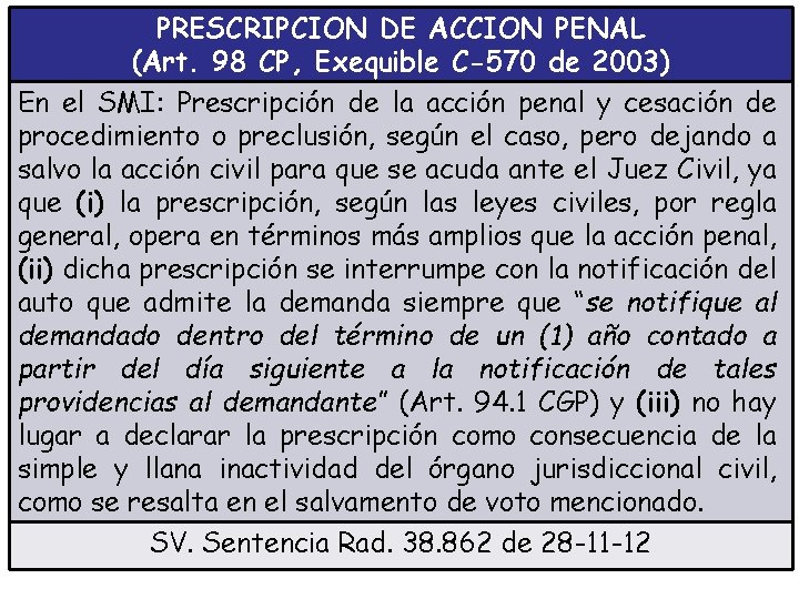 PRESCRIPCION DE ACCION PENAL (Art. 98 CP, Exequible C-570 de 2003) En el SMI: